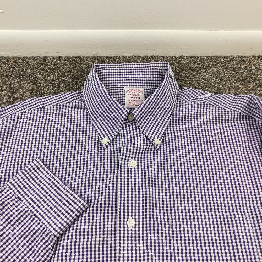 Brooks Brothers Shirt Non Iron Gingham Checked Purple Button 16.5x32 Madison